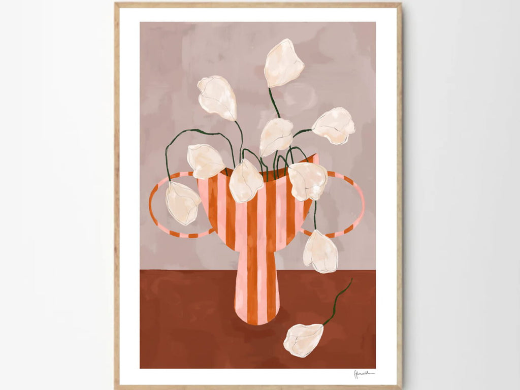 White Flowers in Striped Vase