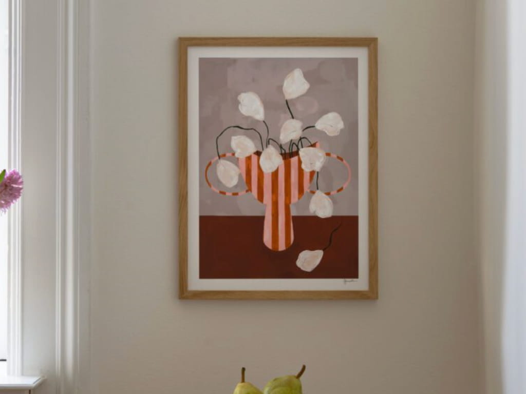 White Flowers in Striped Vase